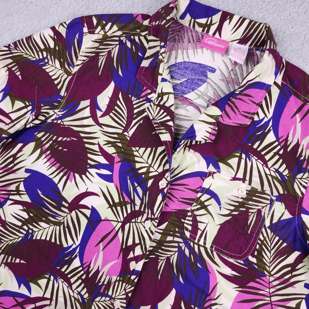 Pappagallo Button Up Shirt Womens XL Purple Tropical Palm Leaf Coastal Boho